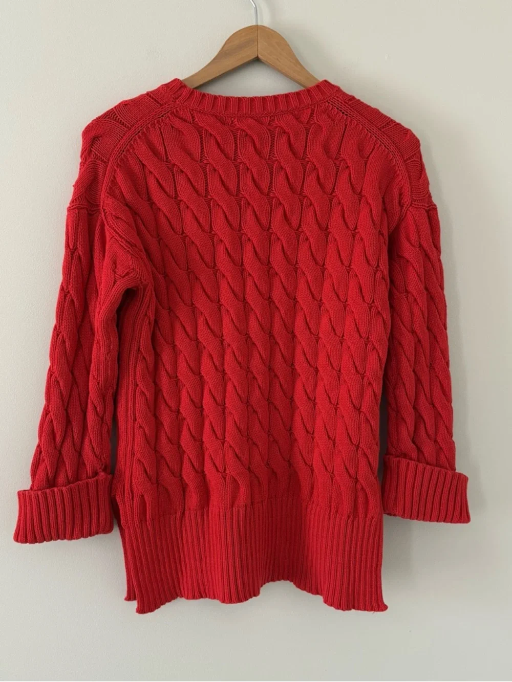 J. Crew Cotton cable-knit side-slit crewneck sweater chunky Size S/M Red‎